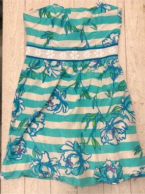 Lilly Pulitzer Tossing the Line Turquoise, Blue & White Floral Strapless Dress